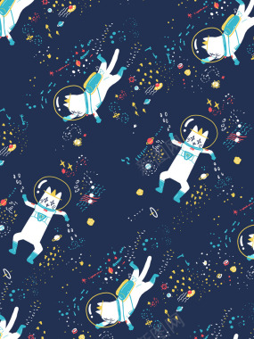 太空漫步行星猫咪手绘猫太空猫宇航员纸胶带蓝色系平铺背景