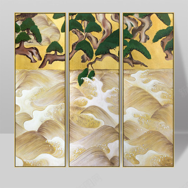 新中式沙发墙壁画客厅装饰画金箔手绘山水风景画三联画背景