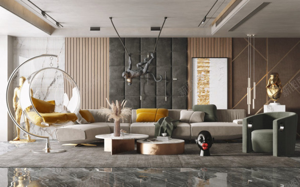 现代客厅沙发茶几组合陈设摆件墙单人沙发室内设计拓者背景