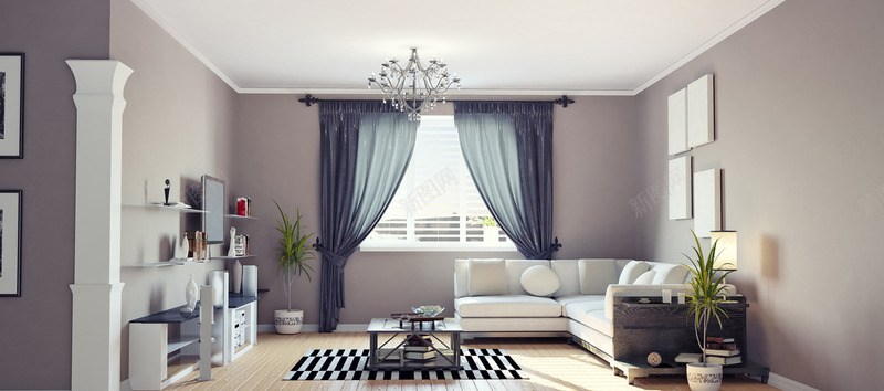 家居家具简约设计沙发窗户窗帘花盆装饰摆件茶几地毯相背景