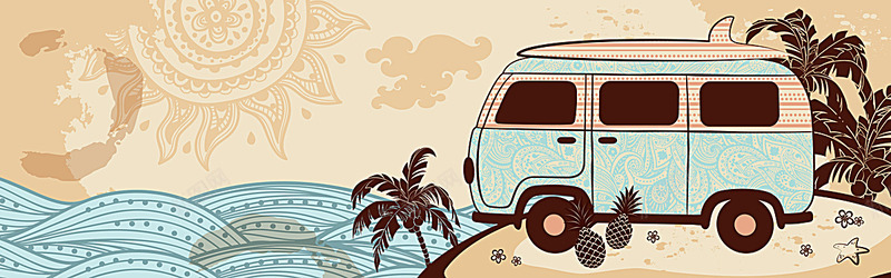 卡通手绘海岛大海沙滩椰子树飞机矢量图案开心图库网4背景