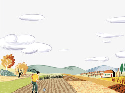 小麦种植手绘农田种植稻谷小麦梯田农民伯伯收割水稻劳动人民大素材