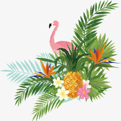 手绘创意卡通水彩粉色热带鸟类动物火烈鸟北欧风植物免素材