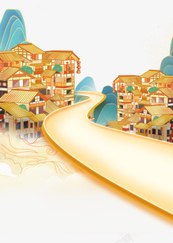 国潮手绘插画房子蜿蜒的路山峰祥云素材