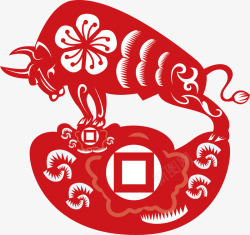 2021年牛年剪纸红色新年春节喜庆插画窗花AI矢量素材