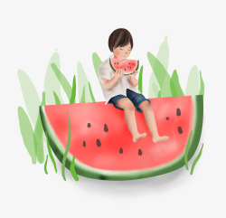 夏天吃西瓜的儿童素材
