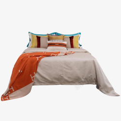 现代轻奢样板房间橙色系床上用品低调奢华软装床品主卧素材