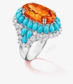 橙色背景浓橙色石榴石配绿松石和钻石戒指高清图片