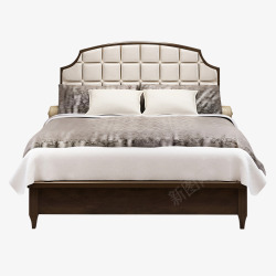 松兰新中式皮艺床现代中式样板房卧室大床双人禅意家具素材
