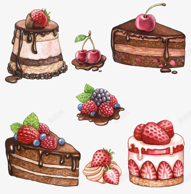 手绘樱桃巧克力蛋糕png免抠素材_新图网 https://ixintu.com 图案 女孩 巧克力 草莓 蛋糕 食物