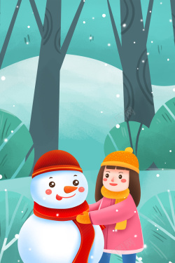 手绘卡通人物堆雪人冬天背景图背景