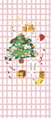 手绘圣诞树和装饰品格子背景背景