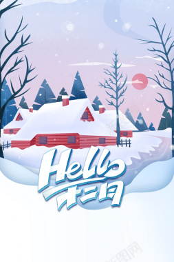 Hello十二月艺术字手绘雪地元素图背景