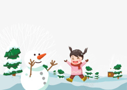 原创插画小女孩开心冬天堆雪人素材