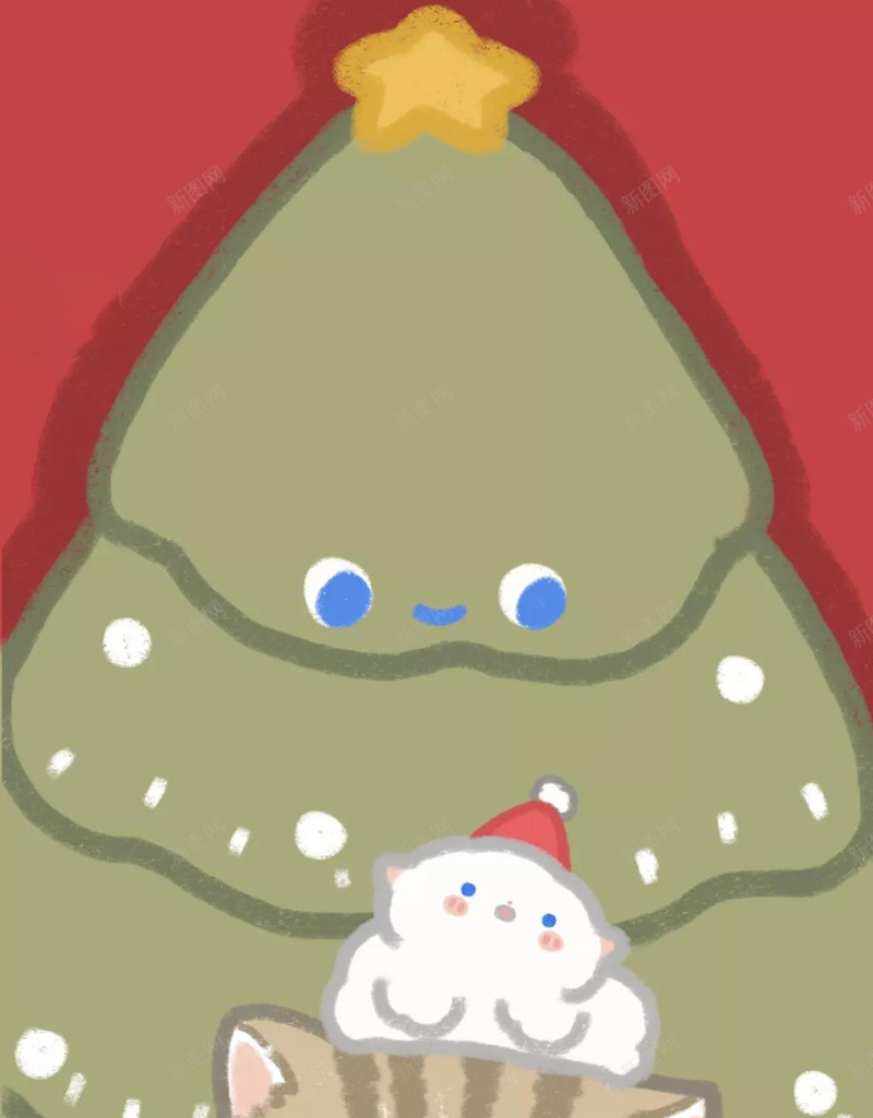圣诞树和小动物可爱手绘jpg设计背景_新图网 https://ixintu.com 圣诞节 十二月 冬天 手绘