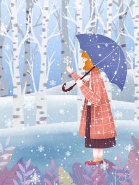 冬天手绘人物雪中散步背景图背景