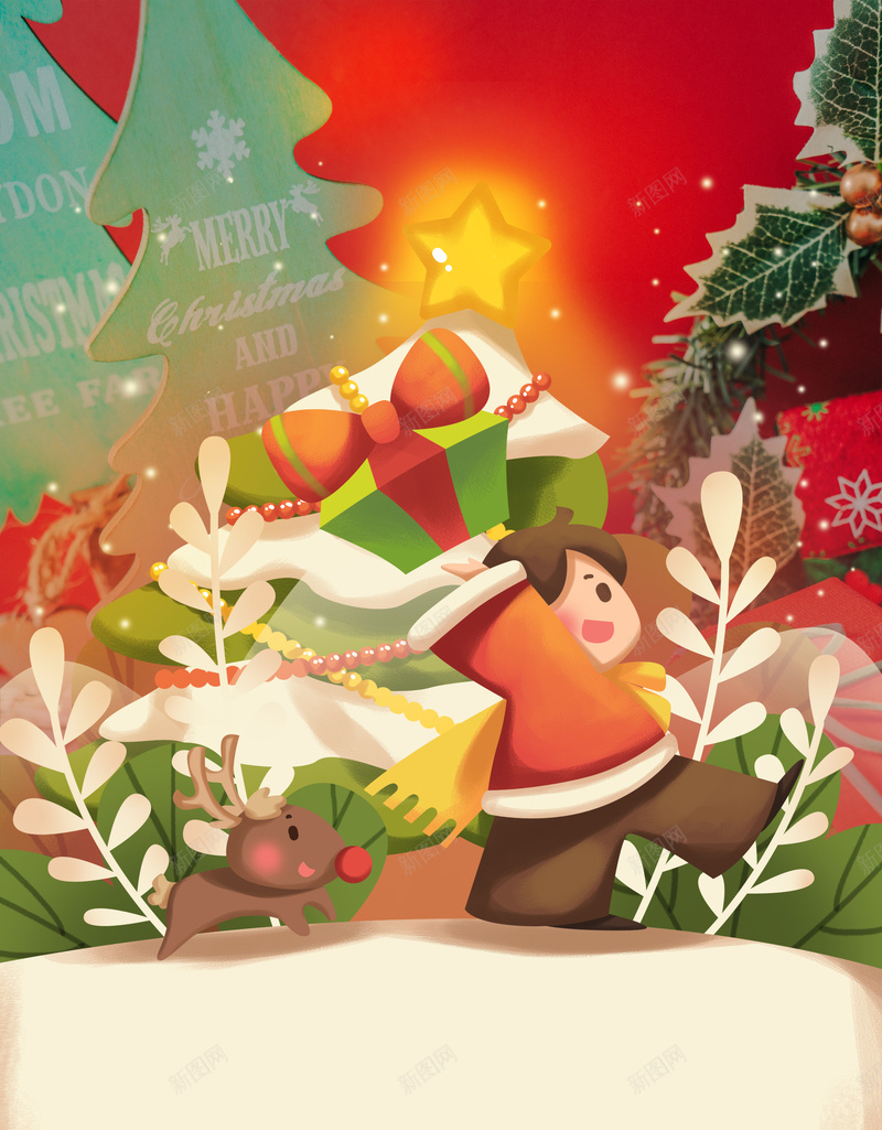 圣诞节手绘卡通背景图psd设计背景_新图网 https://ixintu.com 圣诞节 手绘元素图 装饰元素 植物元素图 卡通人物 麋鹿