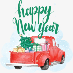 塞地新年快乐之冬天塞礼盒行驶的车辆高清图片