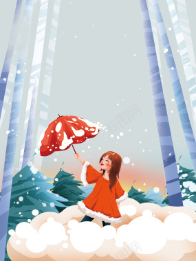 手绘国潮小女孩下雪元素图背景