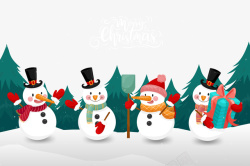 冬天圣诞树四个可爱的小雪人高清图片