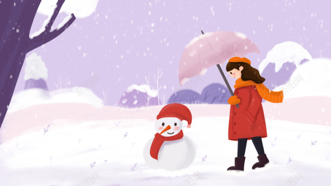 手绘冬天卡通人物堆雪人元素图背景
