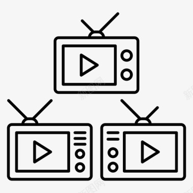 电视复古电视音乐和多媒体线向量图标集图标