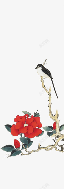 写意花鸟小鸟红色花朵古风水墨水彩壁纸素材