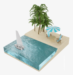 夏季夏天太阳伞椰子树沙滩等距等轴三维素材