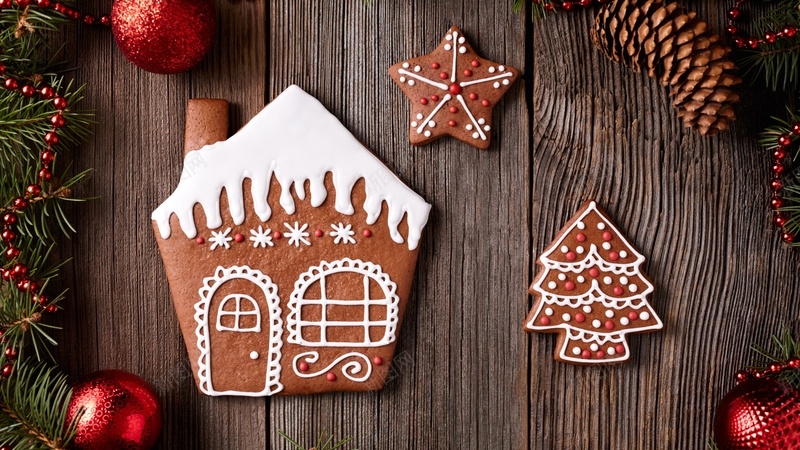 圣诞球饼干jpg设计背景_新图网 https://ixintu.com 圣诞球 饼干 房屋 树木