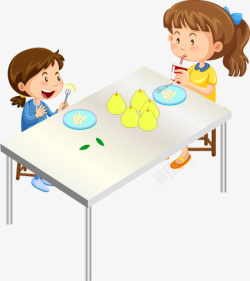 25D小孩子吃梨桌子25D高清图片