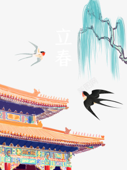 立春柳树燕子飞檐手绘元素图素材