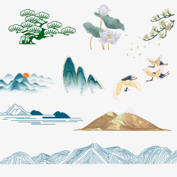 山水彩中国风山植物仙鹤高清图片