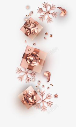 镀金色字体圣诞元素玫瑰金色雪花礼物盒高清图片