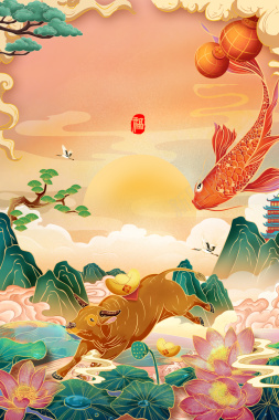 国潮手绘牛年春节背景图背景