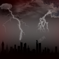 暴风雨闪电高清乌云密布闪电肆虐下的城市高清图片