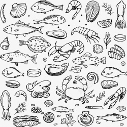 手绘复古海鲜水产矢量手绘海鲜元素高清图片
