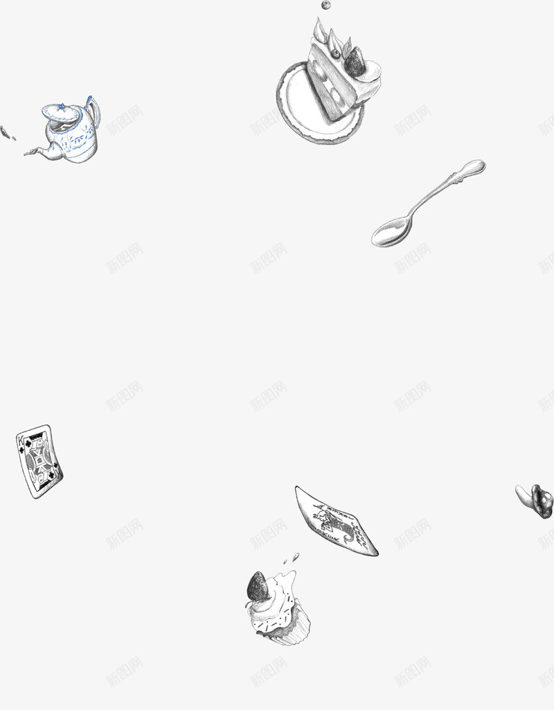 食物素描手绘漂浮png免抠素材_新图网 https://ixintu.com 勺子  水壶 蘑菇 扑克牌 蛋糕   芝士蛋糕
