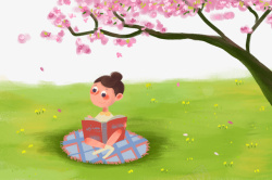 公园草地春天樱花手绘人物草地高清图片