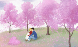 情侣公园春天樱花手绘情侣樱花树爱心高清图片