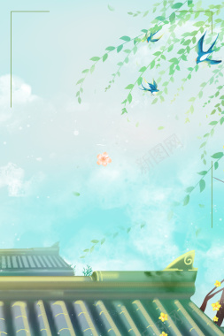 燕子柳条春天手绘元素背景