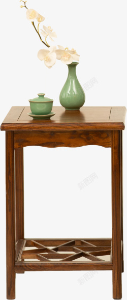 棕色高脚桌古风工笔画瓷杯花瓶高脚桌高清图片