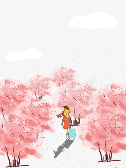 手绘樱花树手绘花海卡通人物元素图高清图片