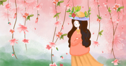 公园绘画春天手绘女孩樱花藤蔓高清图片