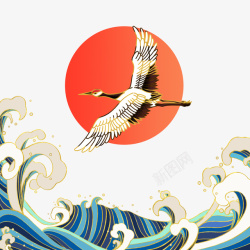 中国风古典国潮复古风格仙鹤海浪素材