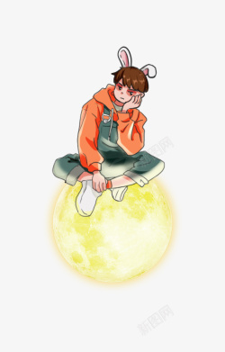 月亮上的男孩坐在月亮上的兔子高清图片