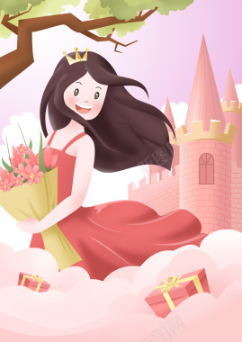 卡通人物城堡鲜花树枝装饰元素图背景
