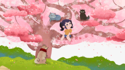 猫狗PNG手绘樱花树枝元素图高清图片