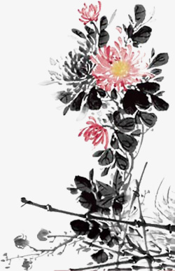 水墨画中的云山水墨画中的菊花元素高清图片