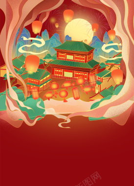 国潮手绘春节灯笼装饰背景图背景