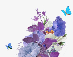 紫色调手绘紫色调花朵蝴蝶飞舞高清图片